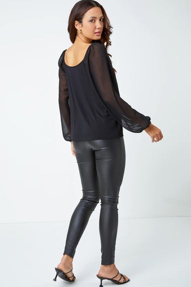 Roman Black Contrast Chiffon Sleeve Stretch Top