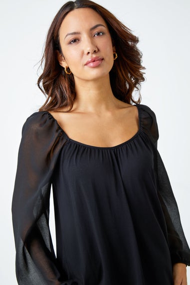 Roman Black Contrast Chiffon Sleeve Stretch Top