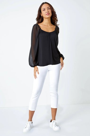 Roman Black Contrast Chiffon Sleeve Stretch Top