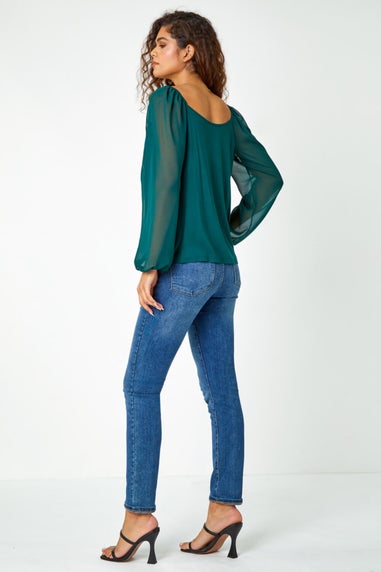 Roman Green  Contrast Chiffon Sleeve Stretch Top