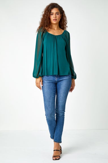 Roman Green  Contrast Chiffon Sleeve Stretch Top