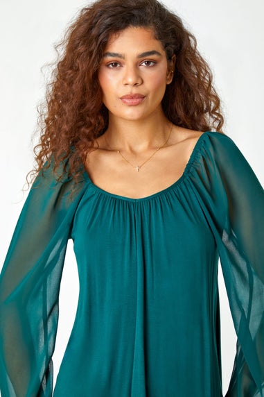 Roman Green  Contrast Chiffon Sleeve Stretch Top