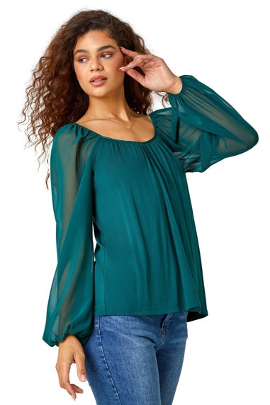 Roman Green  Contrast Chiffon Sleeve Stretch Top