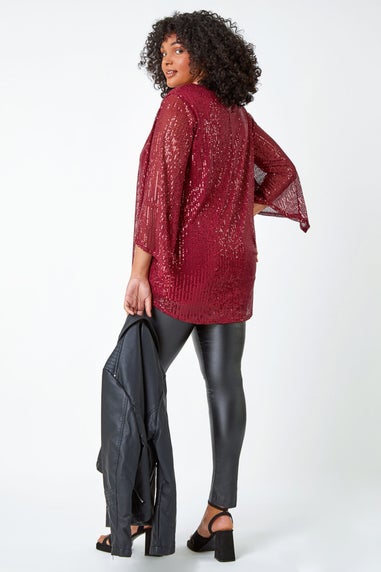 Roman Red Curve Sequin Flared Sleeve Top