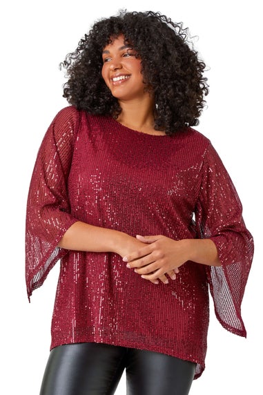 Roman Red Curve Sequin Flared Sleeve Top