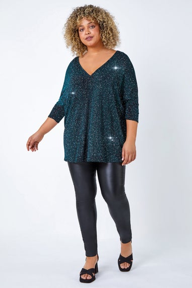 Roman Teal  Curve Back Bar Glitter V-Neck Stretch Top