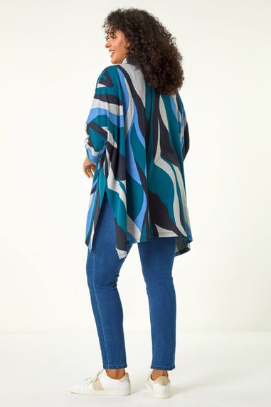 Roman Blue Curve Wave Print Roll Neck Top