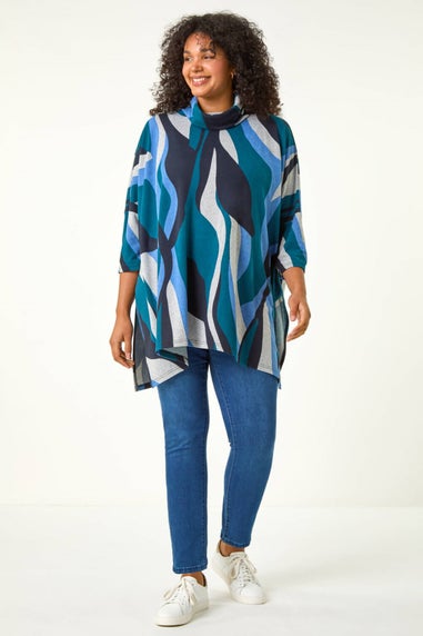 Roman Blue Curve Wave Print Roll Neck Top