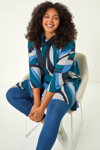 Roman Blue Curve Wave Print Roll Neck Top