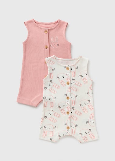 2 Pack Baby Pink Bunny Ribbed Rompers (Newborn-18mths)