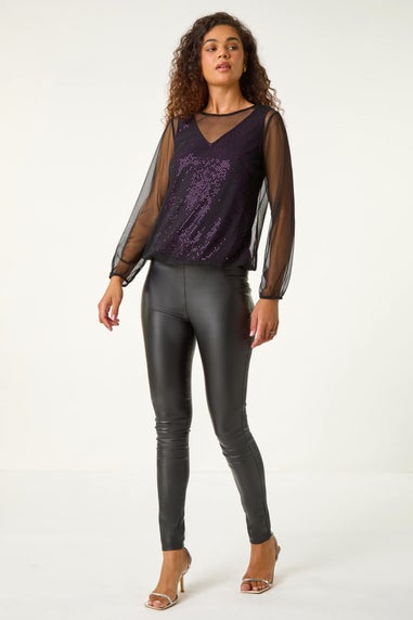 Roman Purple Mesh Overlay Sparkle Top