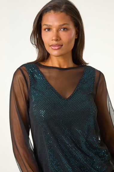 Roman Teal Mesh Overlay Sparkle Top