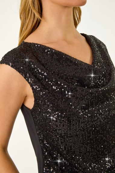 Roman Black Sequin Cowl Neck Stretch Jersey Top