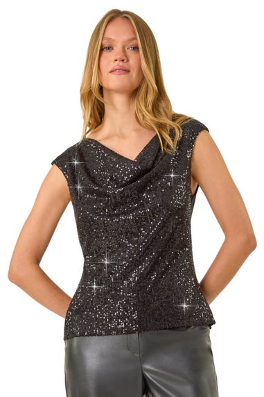 Roman Black Sequin Cowl Neck Stretch Jersey Top