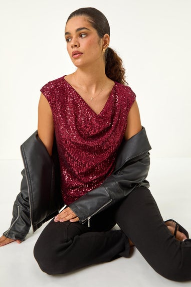 Roman Red Sequin Cowl Neck Stretch Jersey Top