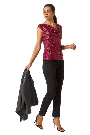 Roman Red Sequin Cowl Neck Stretch Jersey Top