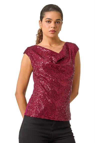 Roman Red Sequin Cowl Neck Stretch Jersey Top