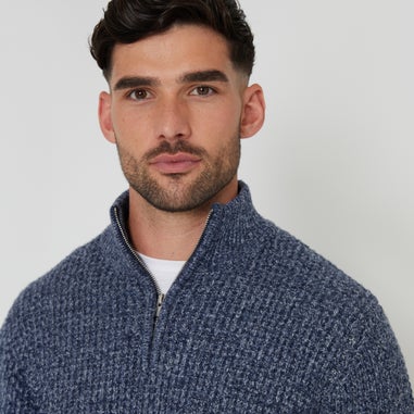 Threadbare Blue Waffle Knit Quarter Zip Jumper