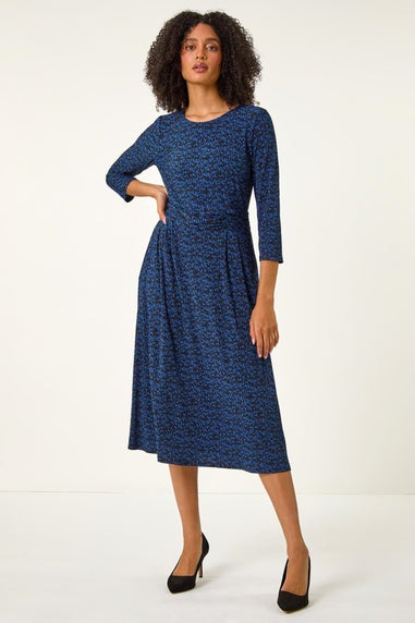 Roman Blue Abstract Stretch Ruched Dress