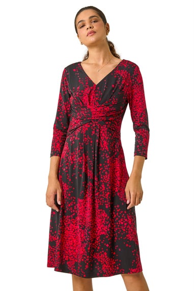 Roman Red Abstract Print Ruched Stretch Midi Dress