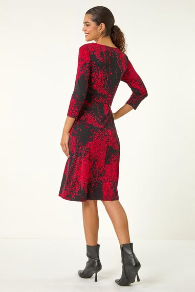 Roman Red Abstract Print Ruched Stretch Midi Dress