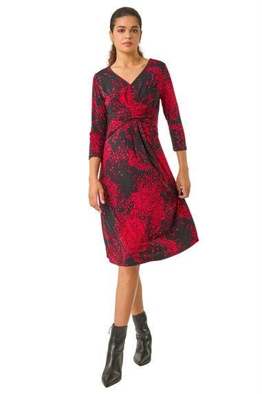 Roman Red Abstract Print Ruched Stretch Midi Dress