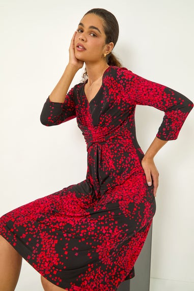 Roman Red Abstract Print Ruched Stretch Midi Dress