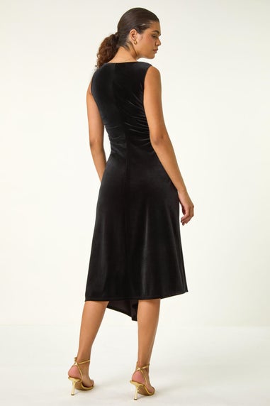 Roman Black Velvet Side Ruched Stretch Midi Dress