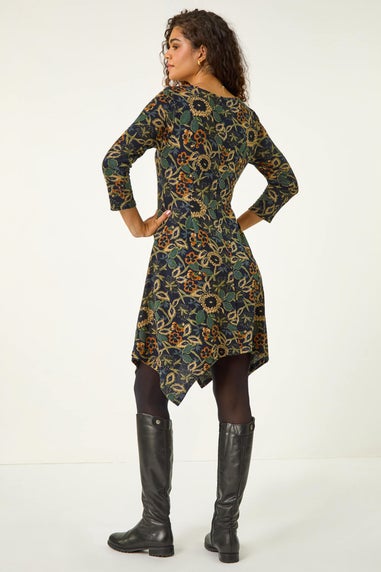 Roman Green Floral Print Hanky Hem Stretch Dress