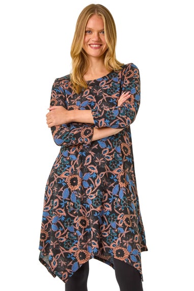 Roman Navy Floral Print Hanky Hem Stretch Dress