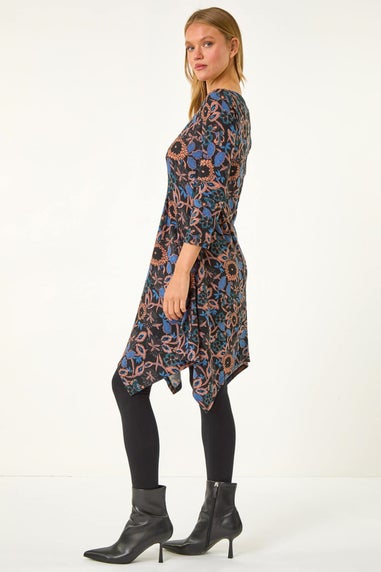 Roman Navy Floral Print Hanky Hem Stretch Dress