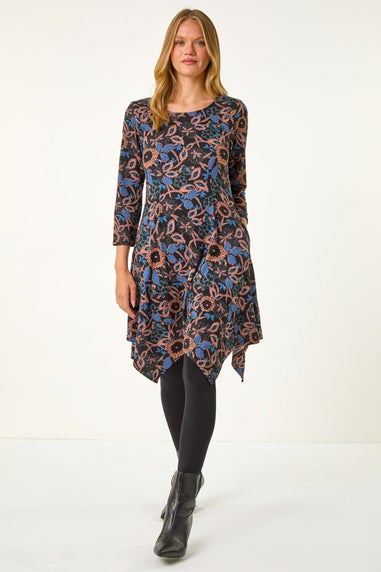 Roman Navy Floral Print Hanky Hem Stretch Dress