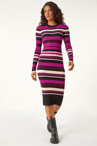 Dusk Burgundy Striped High Neck Knit Bodycon Midi Dress