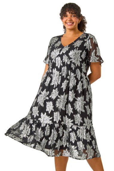 Roman Silver Curve V-Neck Print Tiered Midi Dress