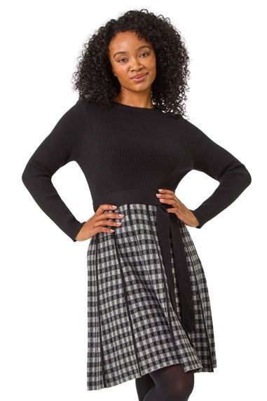 Roman Grey Petite Contrast Check Knitted Dress