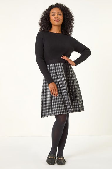 Roman Grey Petite Contrast Check Knitted Dress