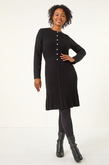 Roman Black Petite Pearl Button Knitted Dress