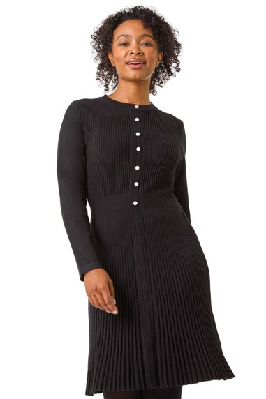 Roman Black Petite Pearl Button Knitted Dress