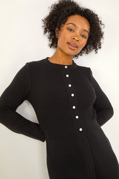 Roman Black Petite Pearl Button Knitted Dress