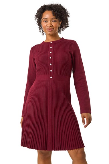 Roman Burgundy Petite Pearl Button Knitted Dress