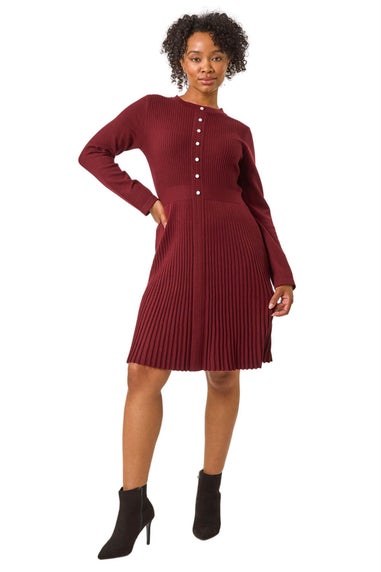 Roman Burgundy Petite Pearl Button Knitted Dress