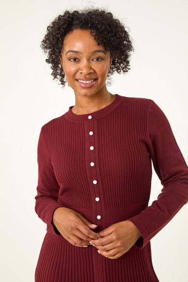 Roman Burgundy Petite Pearl Button Knitted Dress