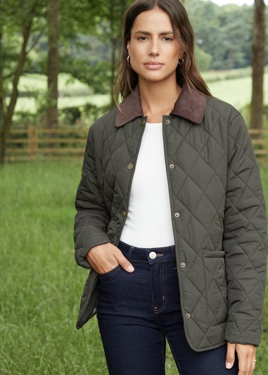 Threadbare Khaki Pine Cord Collar Diamond Quilted Jacket