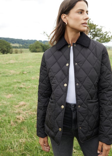 Threadbare Black Pine Cord Collar Diamond Quilted Jacket