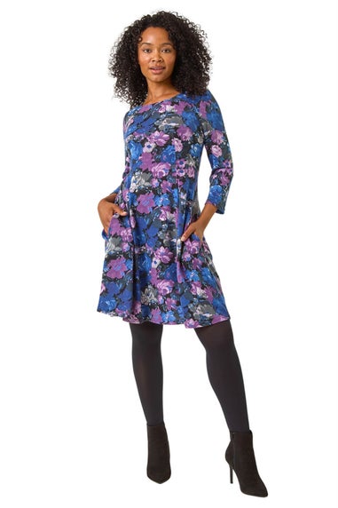 Roman Purple Petite Floral Print A-Line Stretch Dress