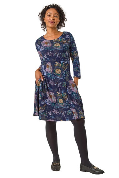 Roman Navy Petite Floral Print A-Line Stretch Dress