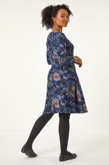 Roman Navy Petite Floral Print A-Line Stretch Dress