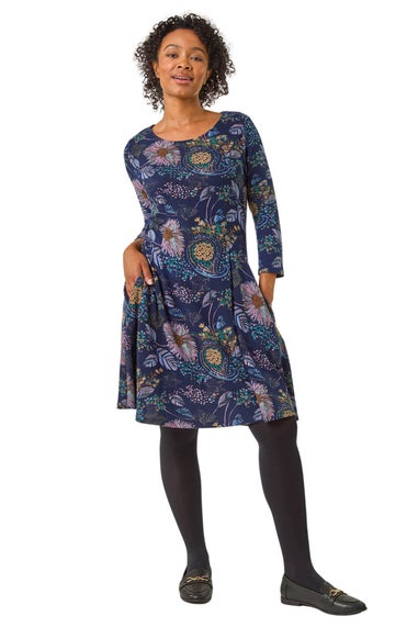 Roman Navy Petite Floral Print A-Line Stretch Dress