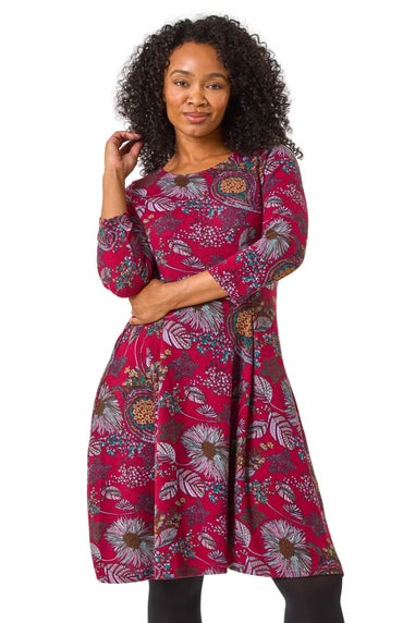 Roman Burgundy Petite Floral Print A-Line Stretch Dress