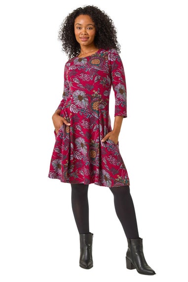 Roman Burgundy Petite Floral Print A-Line Stretch Dress